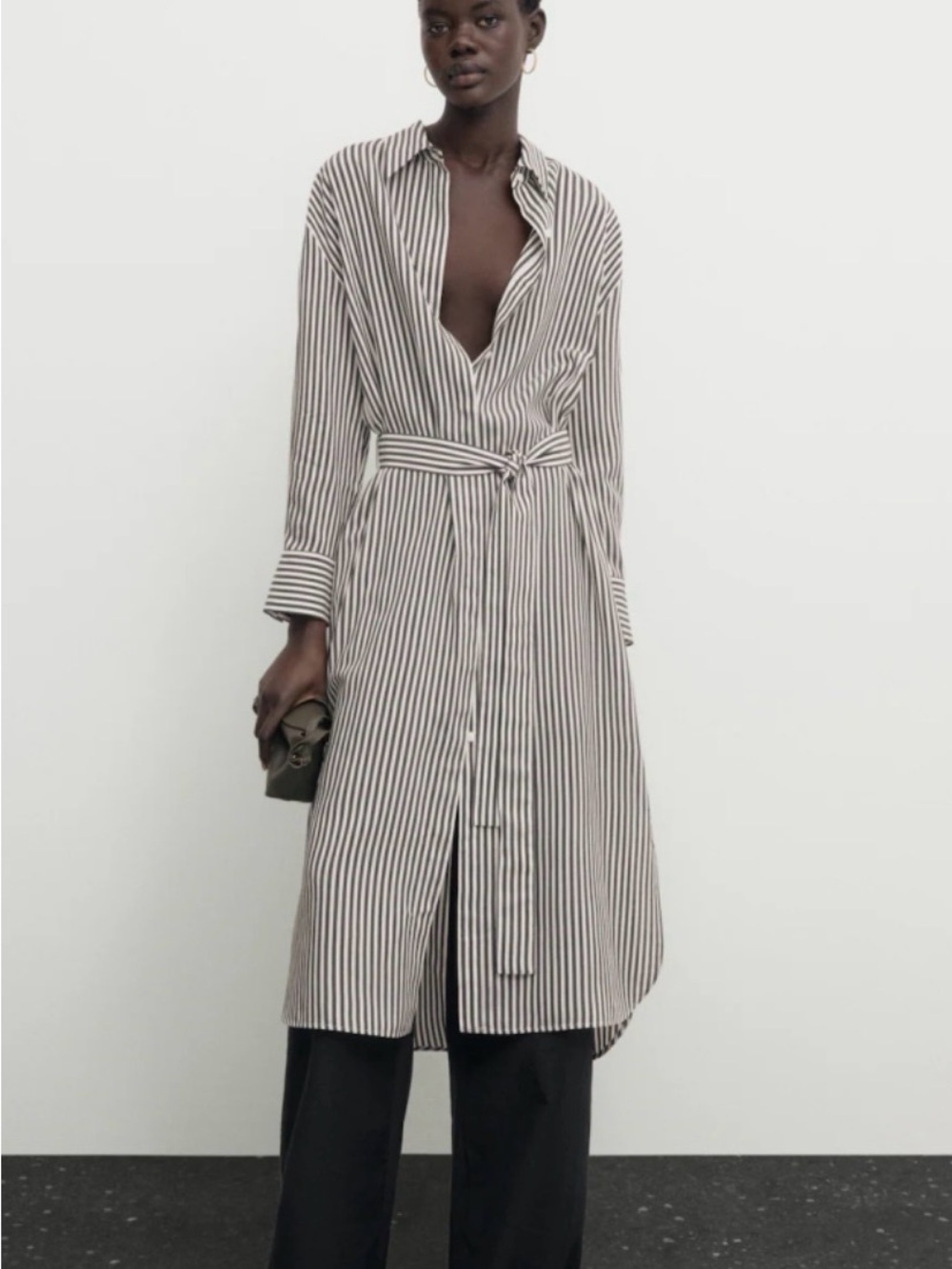 Massimo Dutti Striped Tie-Waist Shirt Dress in Black and White size M-L